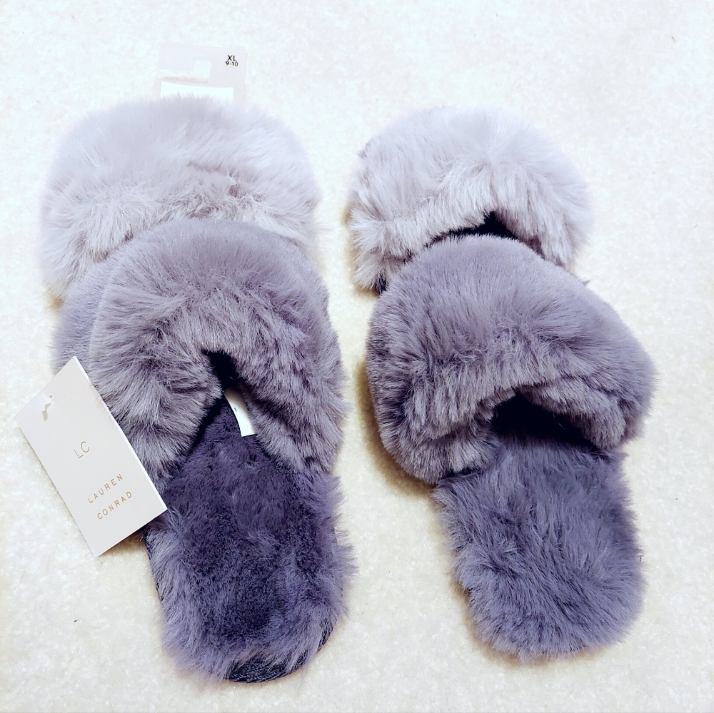 3/$50 New fluffy shaggy faux fur house shoe slippers Lauren Conrad gray